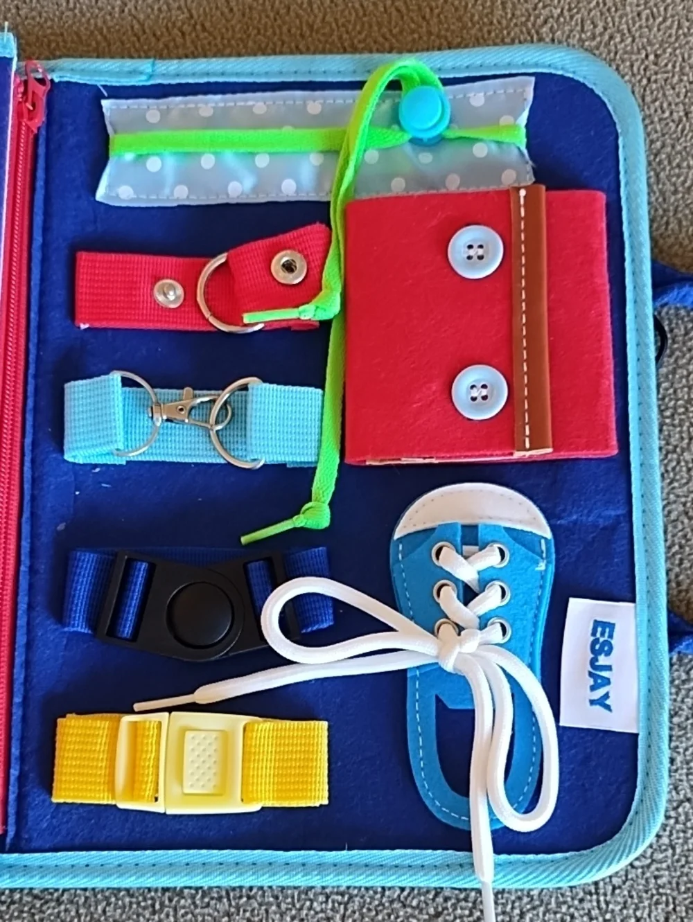 Esjay Toddler Busy Board Sensory Play Travel Companion Portable Dinosaurs Blue